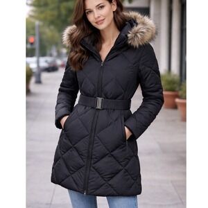 Uniqlo XS Black Down Puffer Coat Belted Faux Fur Hood Long Winter Neutral Warm